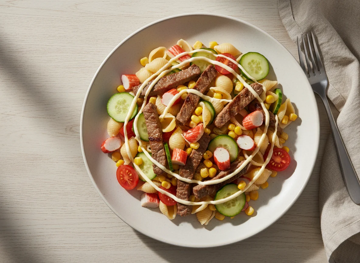 Паста с говядиной и крабовым салатом photo