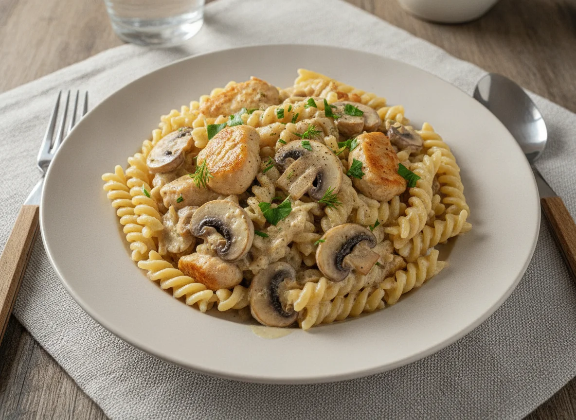 Паста с грибами и курицей в сливочном соусе photo