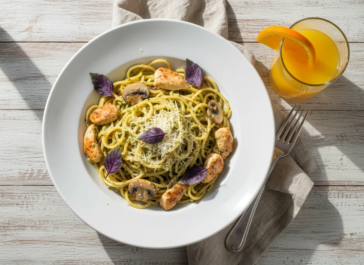 Паста с грибами и курицей в сливочном соусе и апельсиновый сок photo