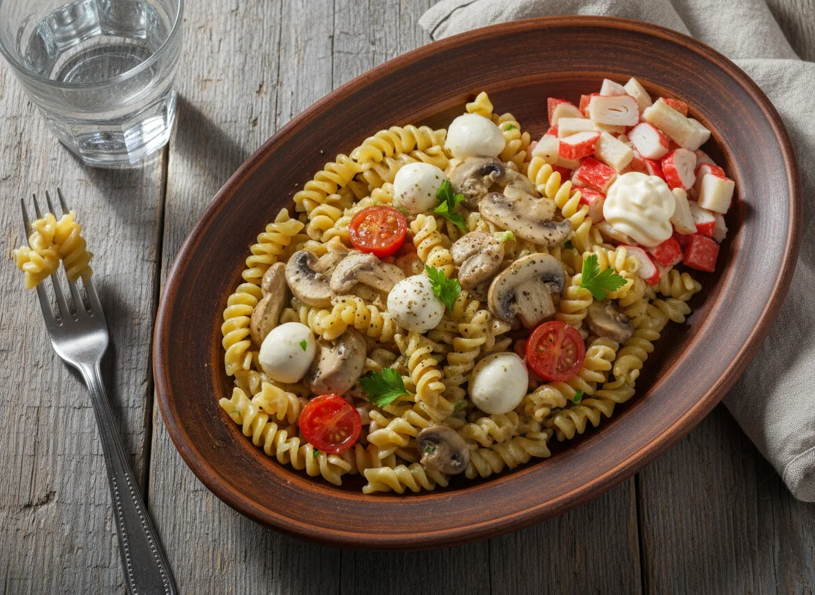 Паста с грибами и салат photo