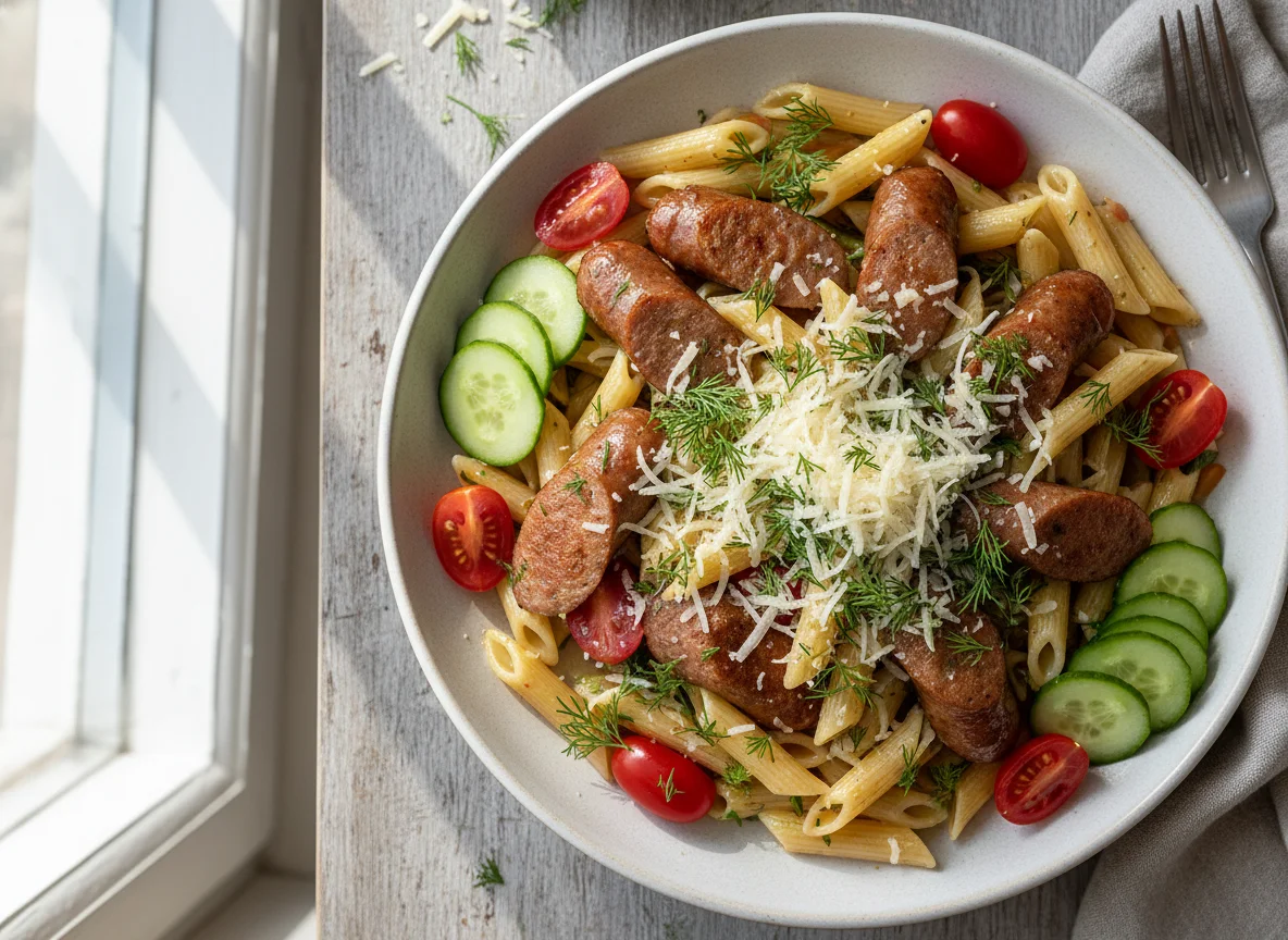 Паста с колбасками и овощами photo