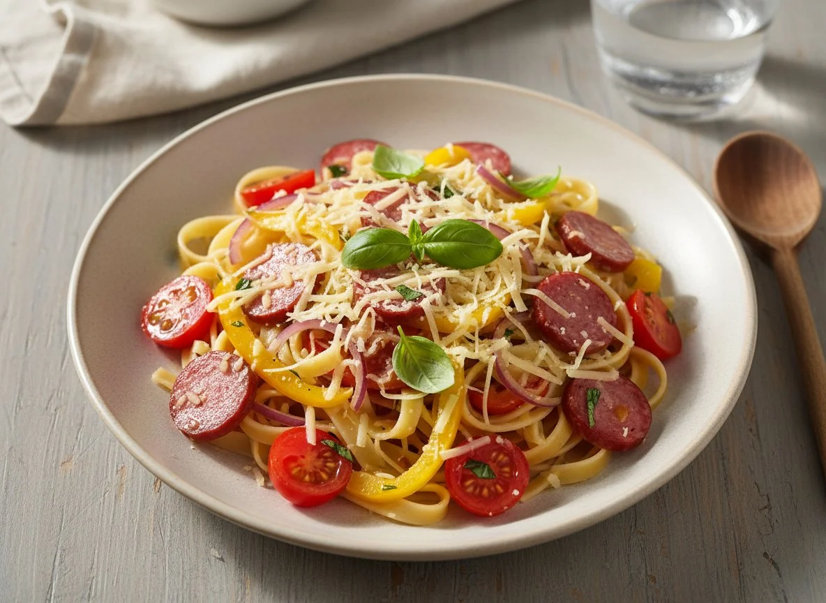 Паста с колбасой, перцем и сыром photo