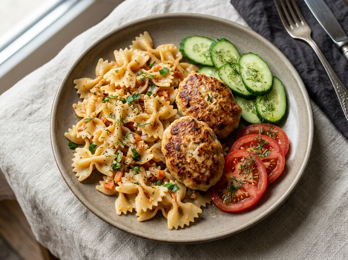 Паста с котлетами и овощами photo