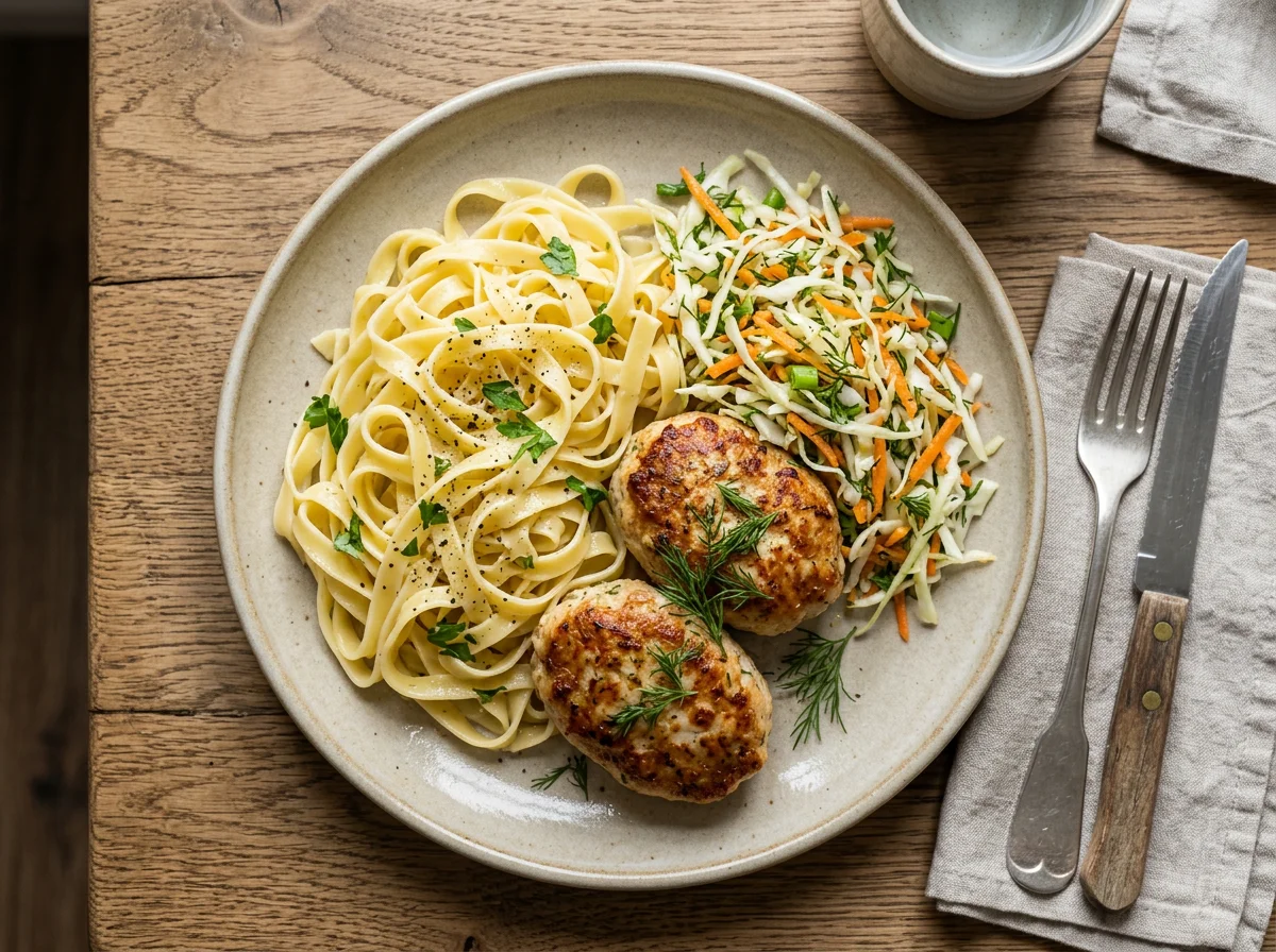 Паста с котлетой и капустным салатом photo