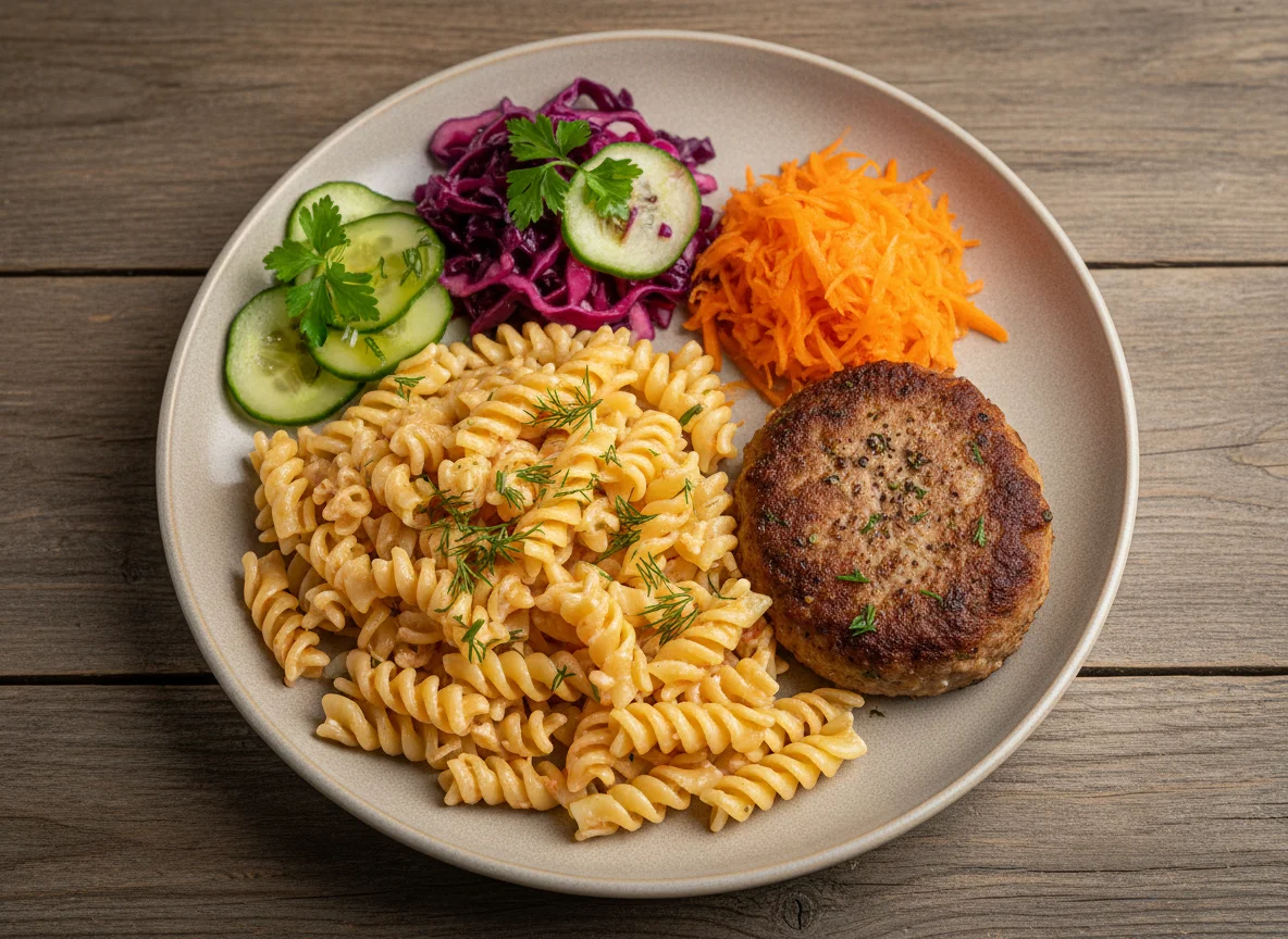 Паста с котлетой и салатами photo