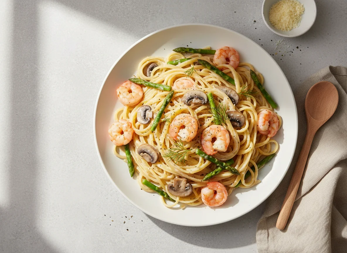 Паста с креветками, грибами и спаржей в сливочном соусе photo