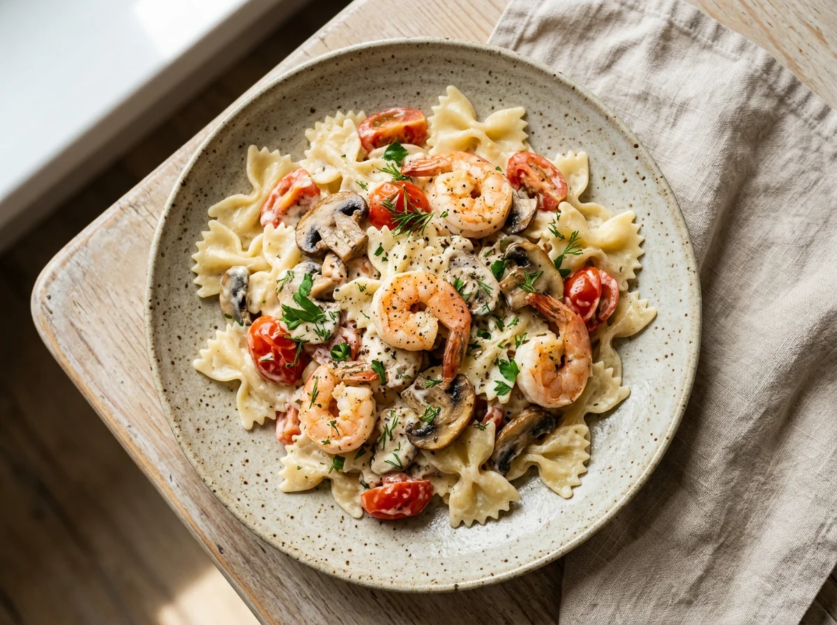 Паста с креветками, грибами и томатами в сливочном соусе photo