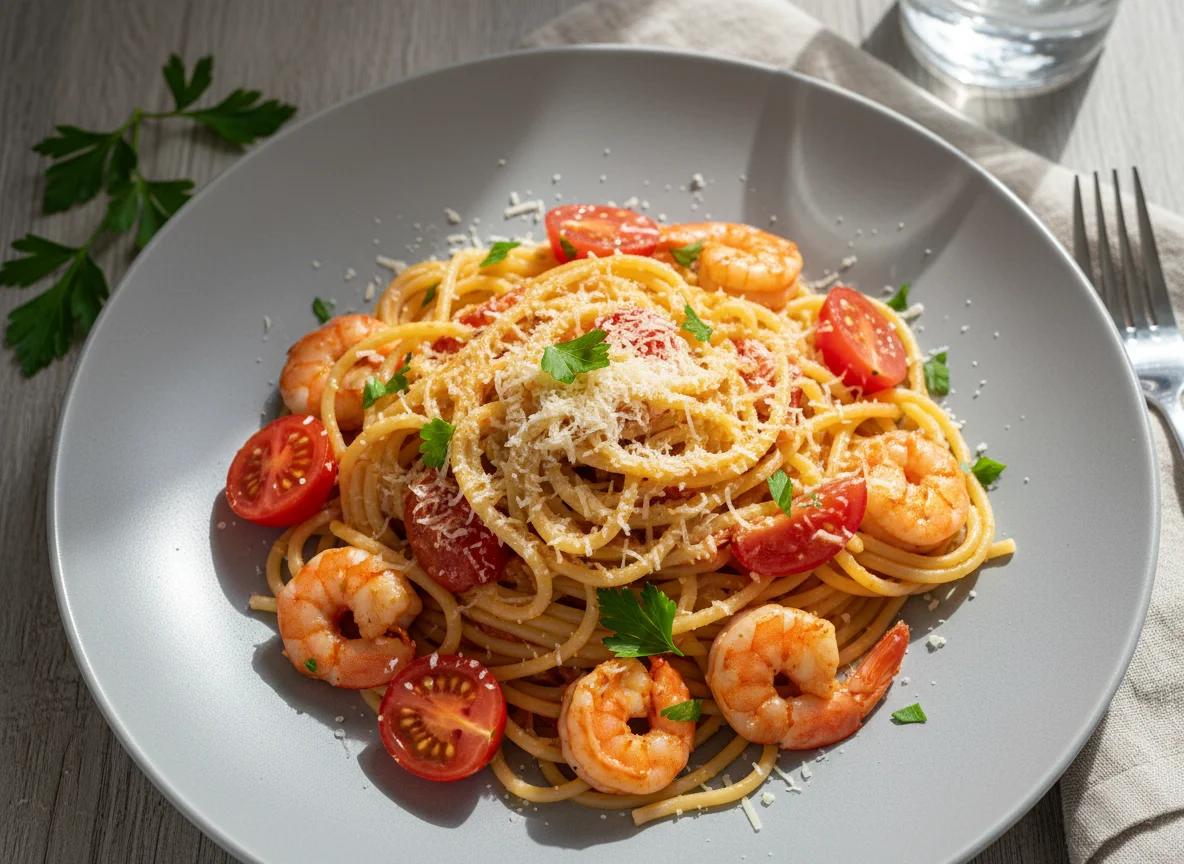 Паста с креветками и томатами photo