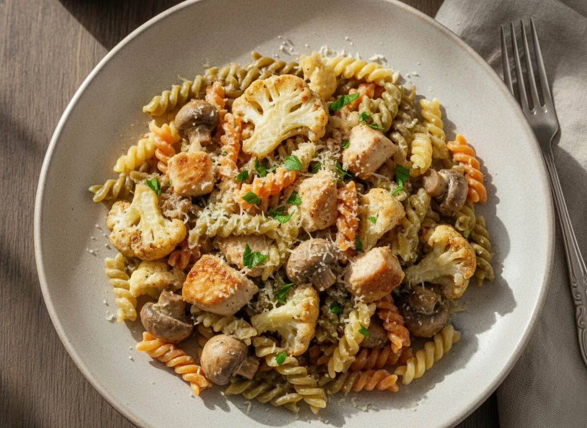 Паста с курицей, цветной капустой и грибами photo