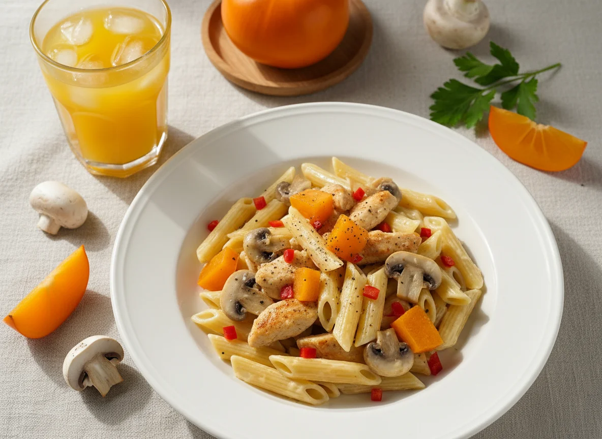Паста с курицей, грибами и хурмой с соком photo
