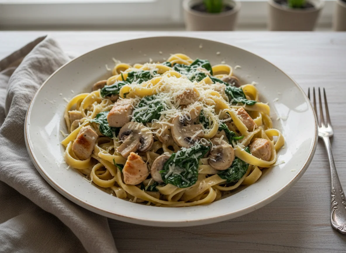 Паста с курицей, грибами и шпинатом в сливочном соусе photo