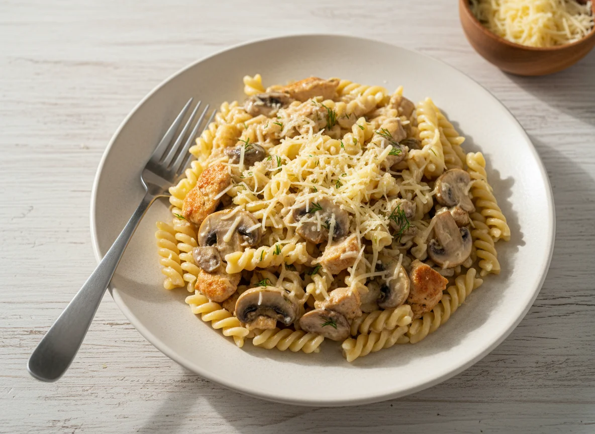 Паста с курицей, грибами и сыром photo