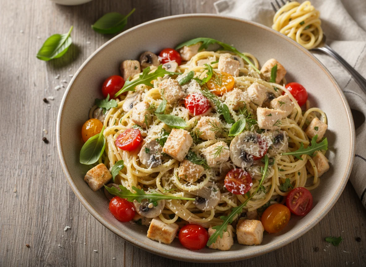 Паста с курицей, грибами и томатами черри photo