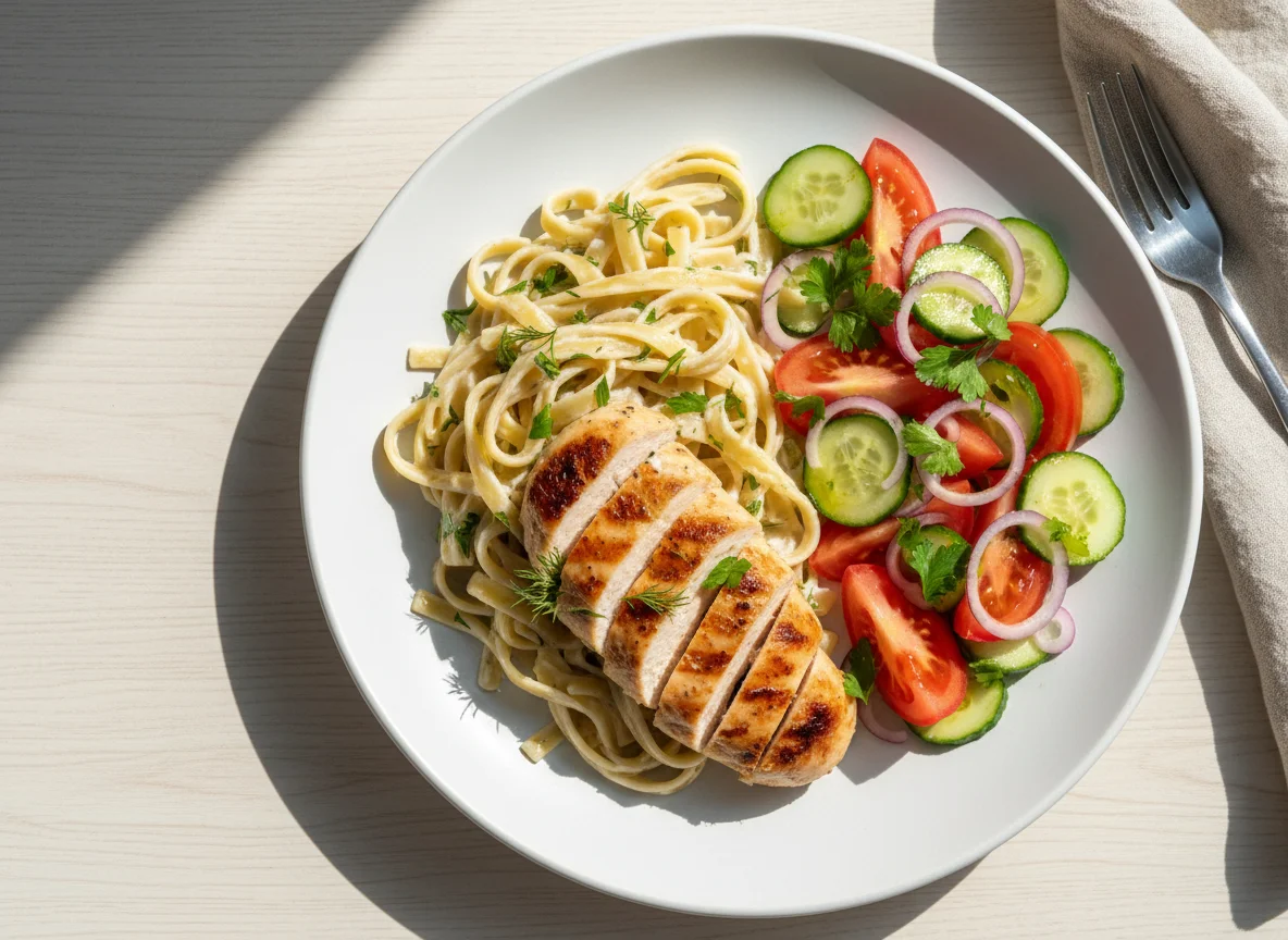 Паста с курицей гриль и овощным салатом photo