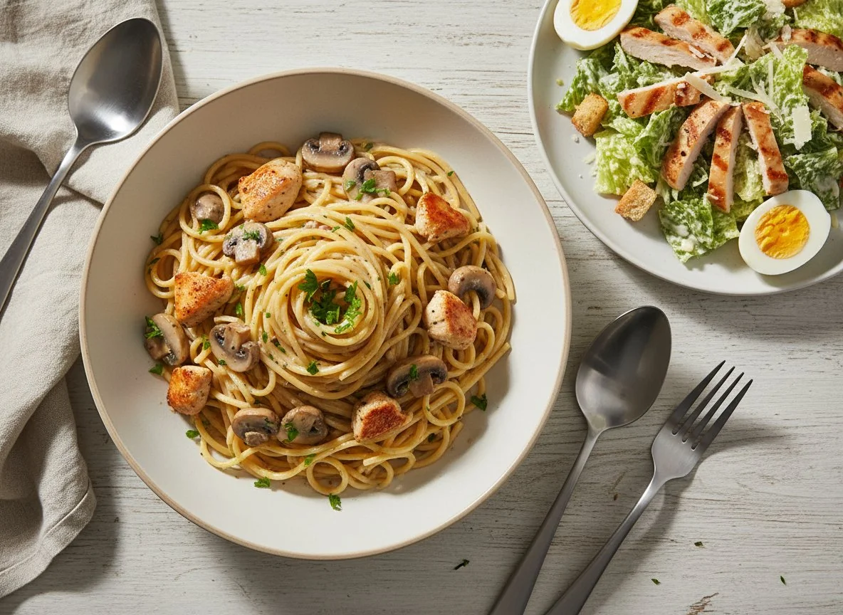 Паста с курицей и грибами и салат Цезарь photo