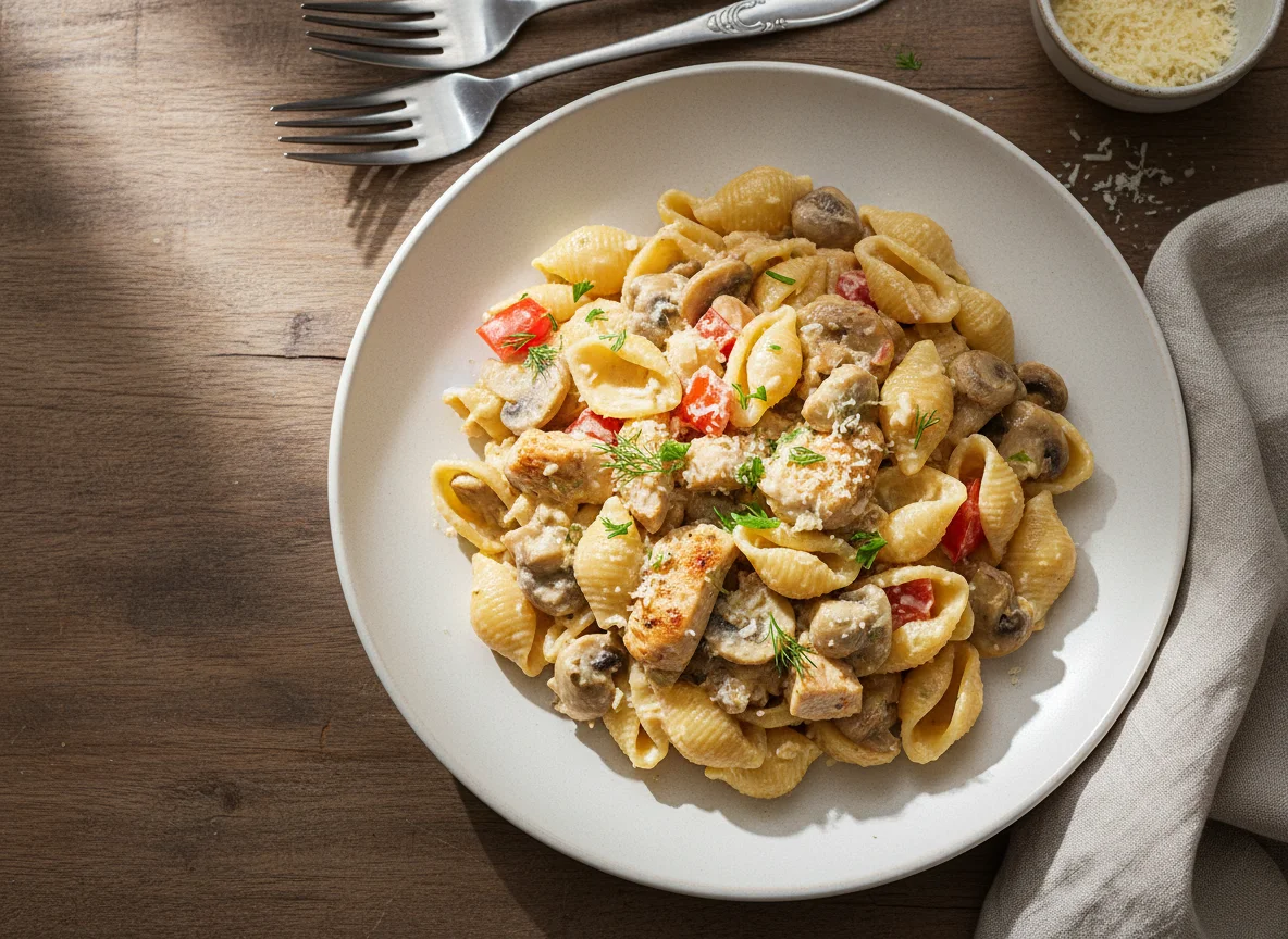Паста с курицей и грибами photo