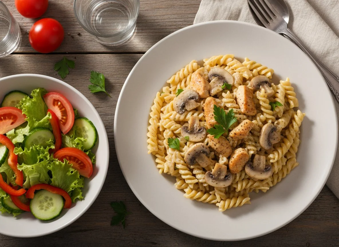 Паста с курицей и грибами, салат из свежих овощей photo