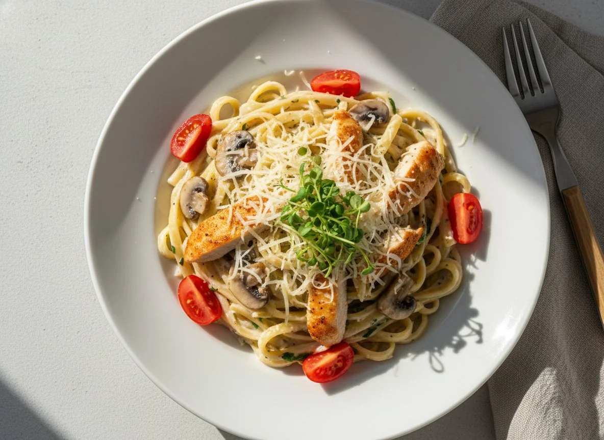 Паста с курицей и грибами в сливочном соусе photo