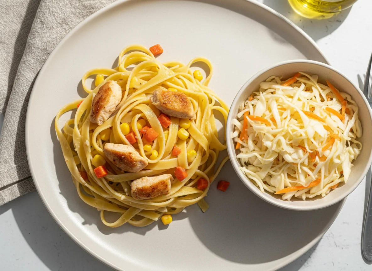 Паста с курицей и капустный салат photo