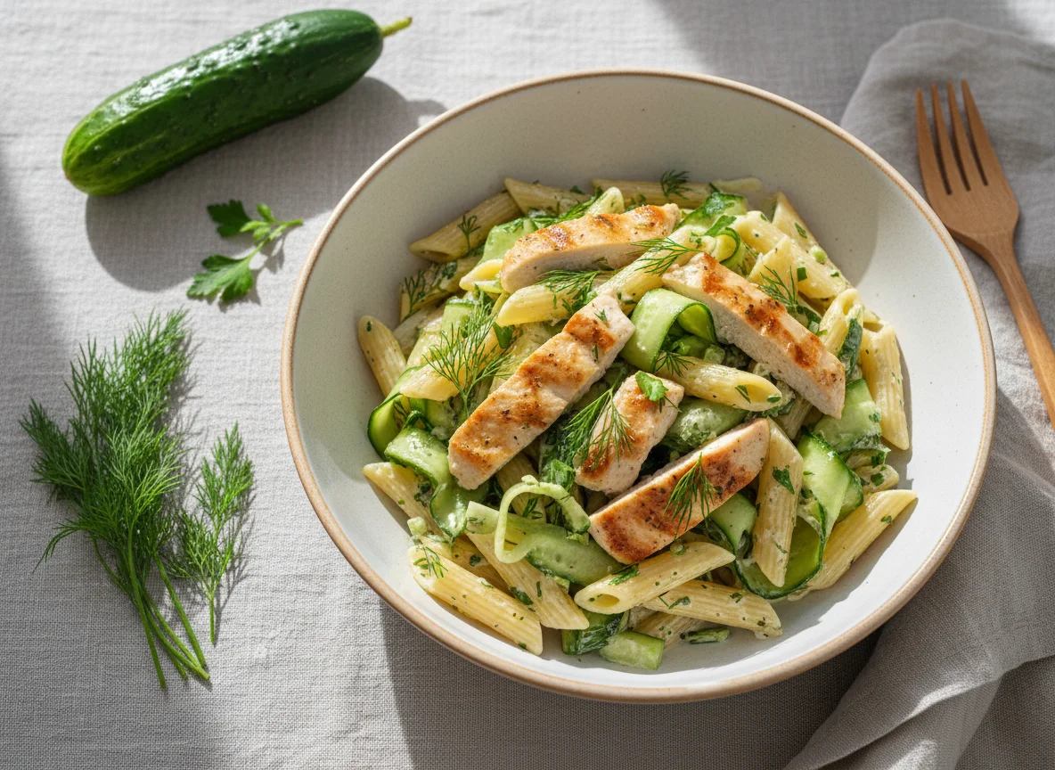 Паста с курицей и огурцами photo