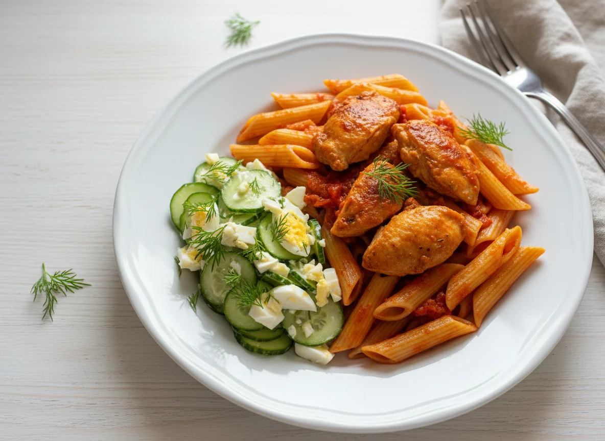Паста с курицей и огуречным салатом photo