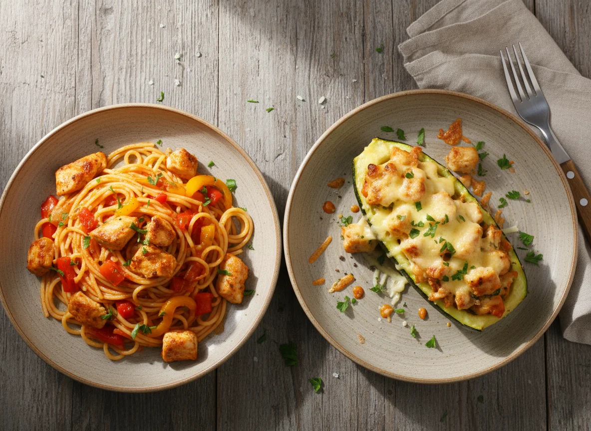 Паста с курицей и овощами, фаршированный кабачок photo