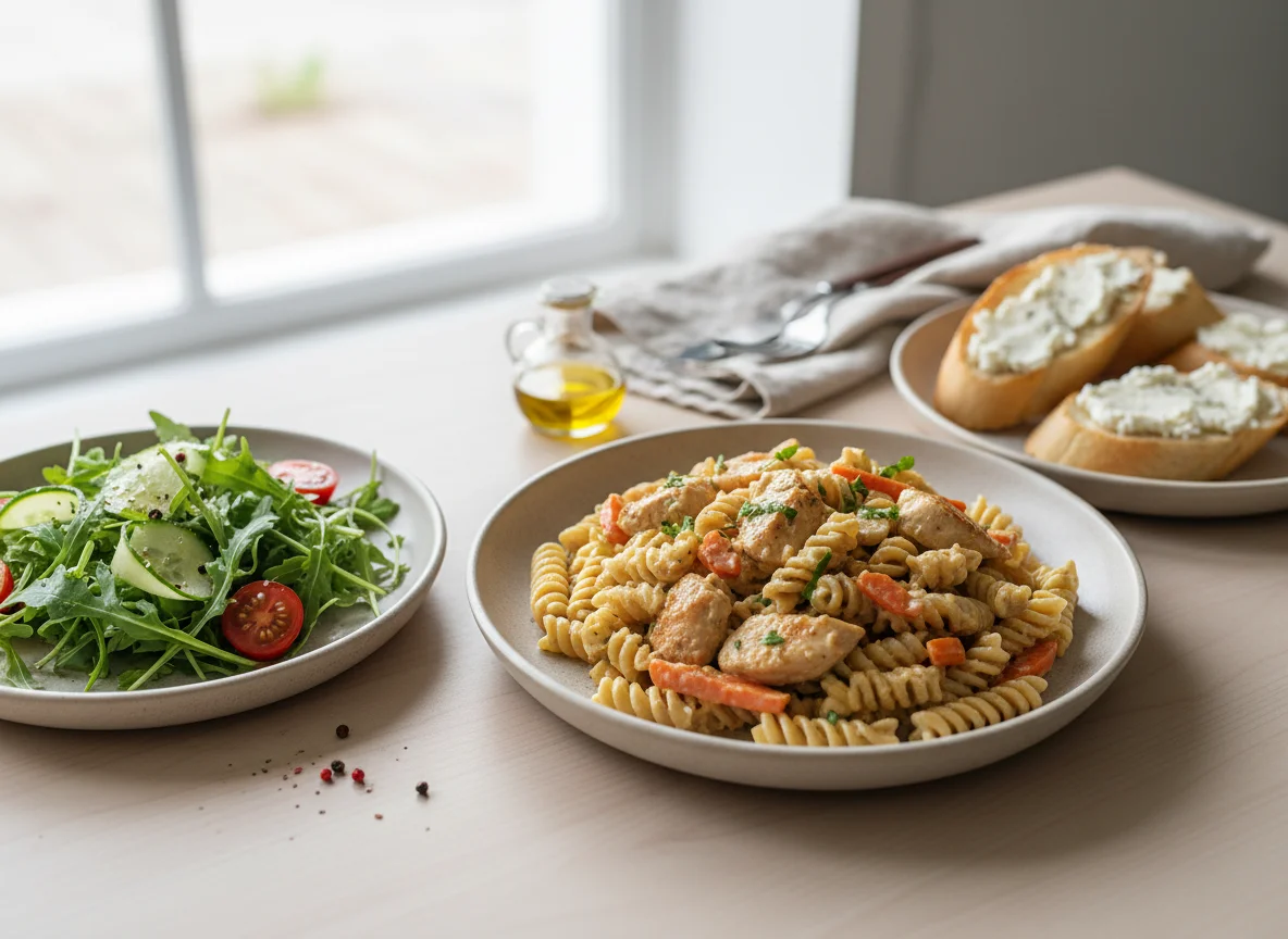 Паста с курицей и овощами, салат из рукколы и хлеб с сыром photo