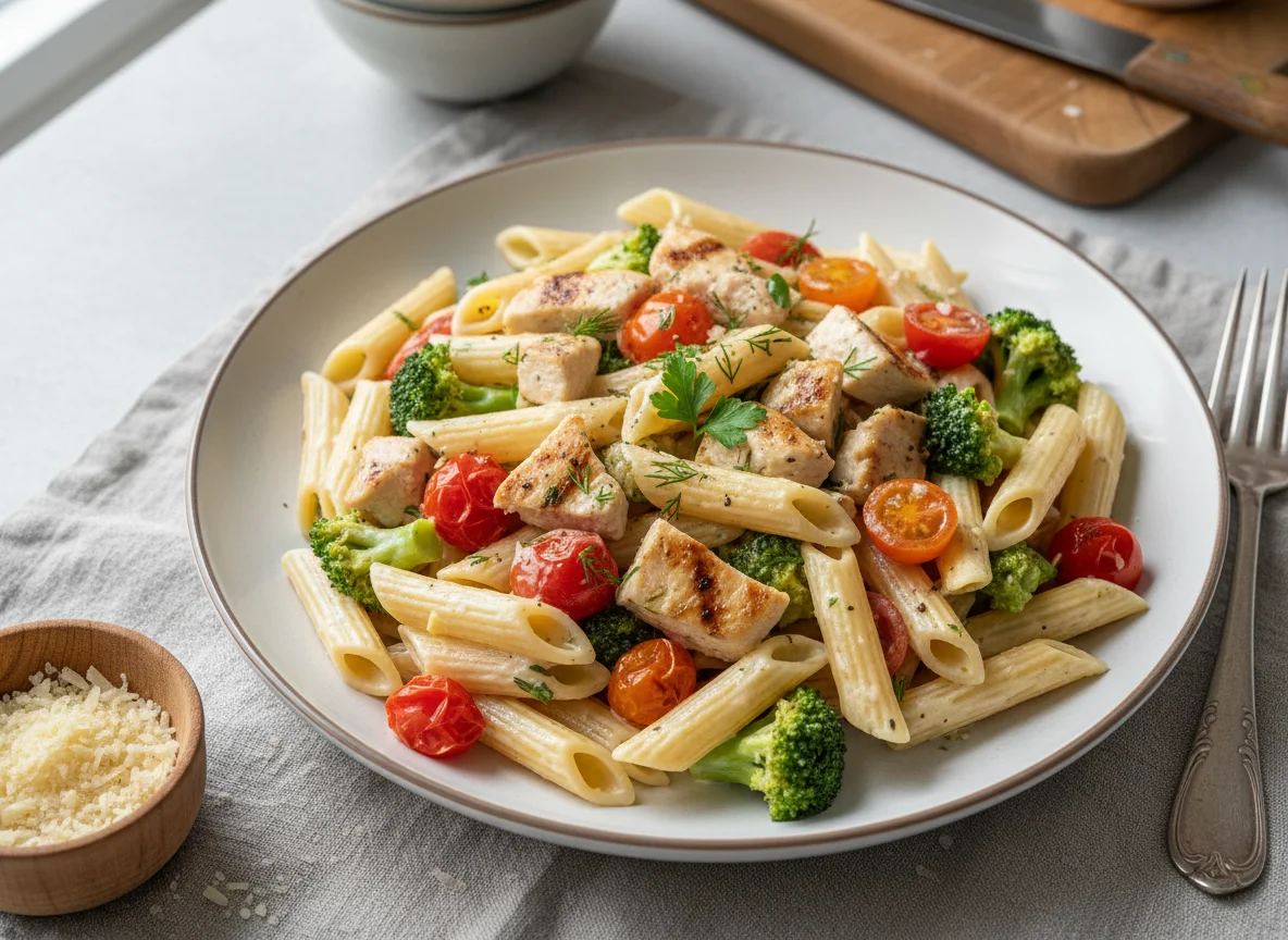 Паста с курицей и овощами в сливочном соусе photo