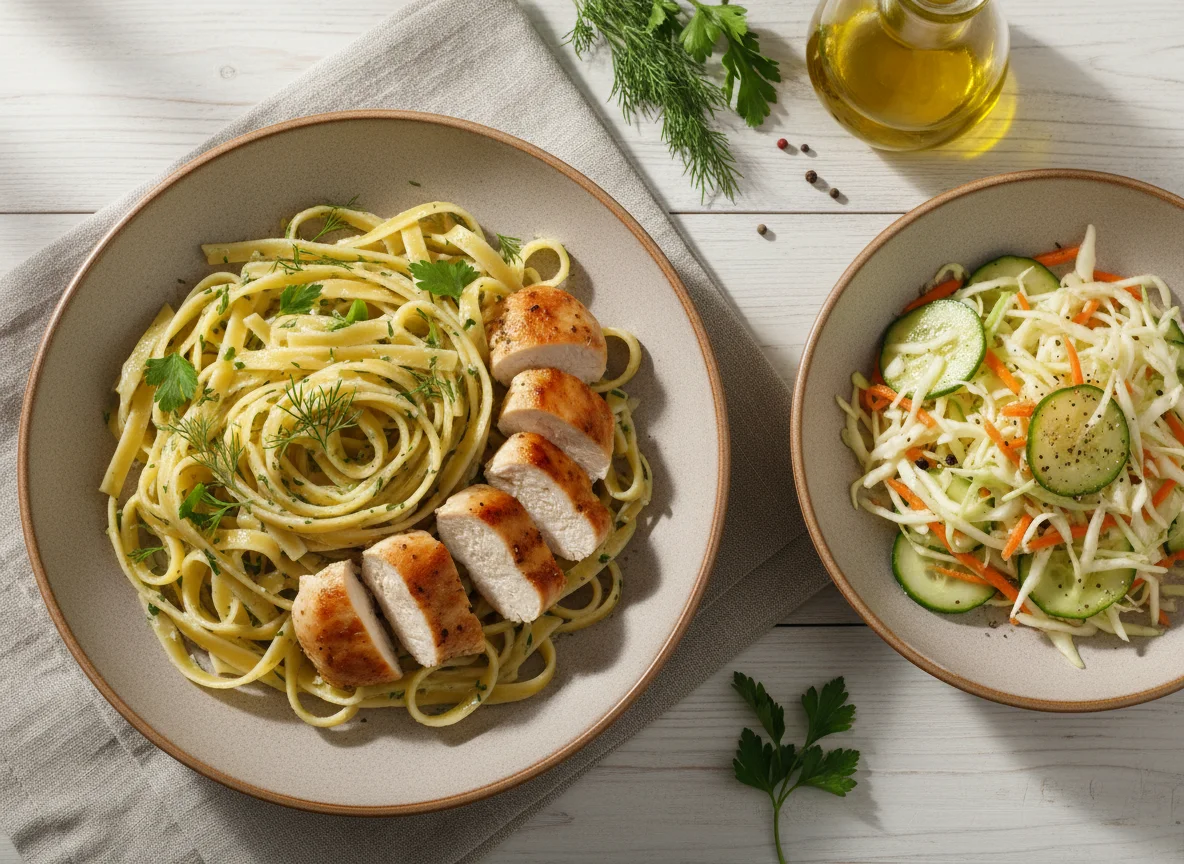 Паста с курицей и овощной салат photo