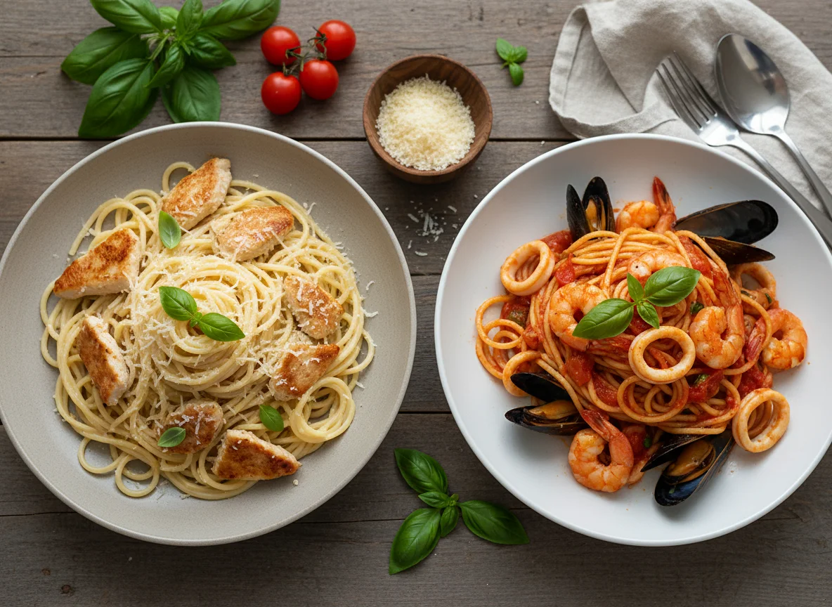 Паста с курицей и паста с морепродуктами photo