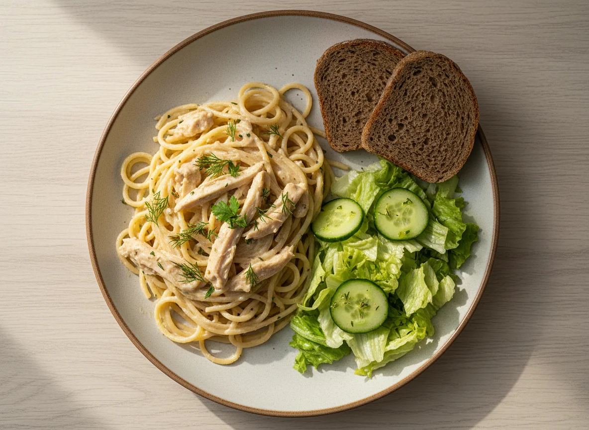 Паста с курицей и сливочным соусом, салат и хлеб photo