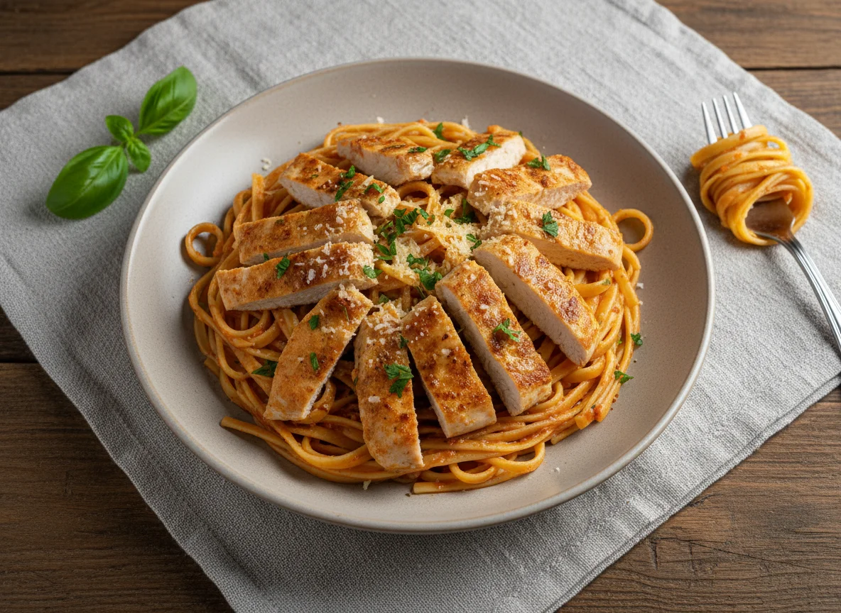 Паста с курицей и соусом photo