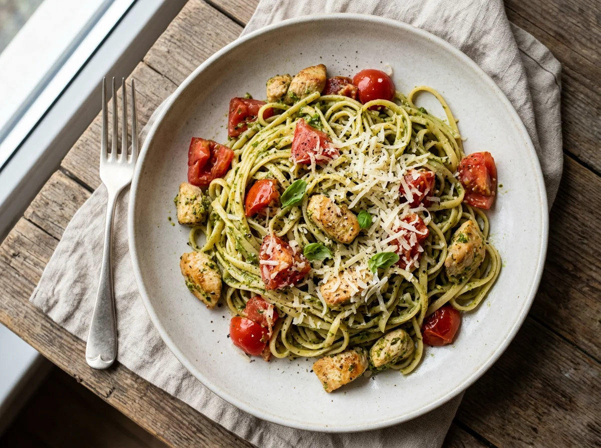 Паста с курицей и соусом песто photo