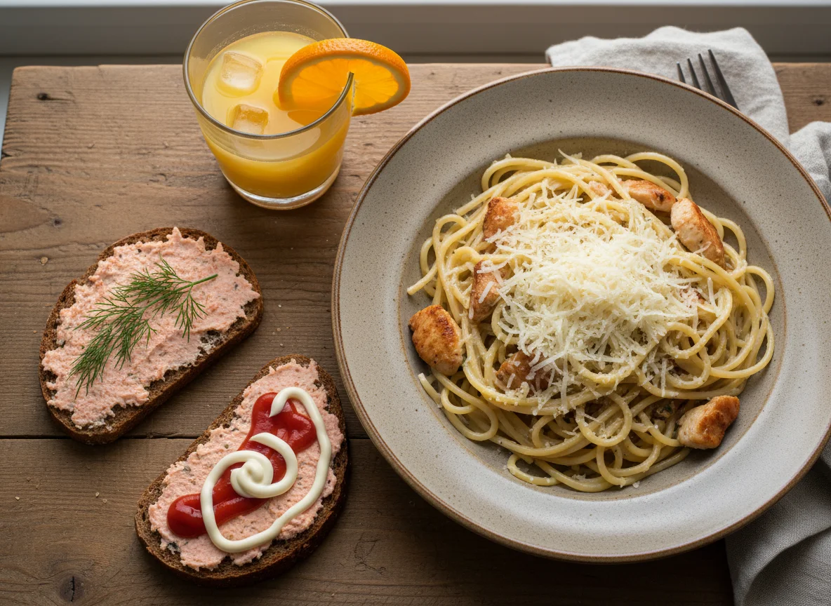 Паста с курицей и сыром, бутерброды и сок photo