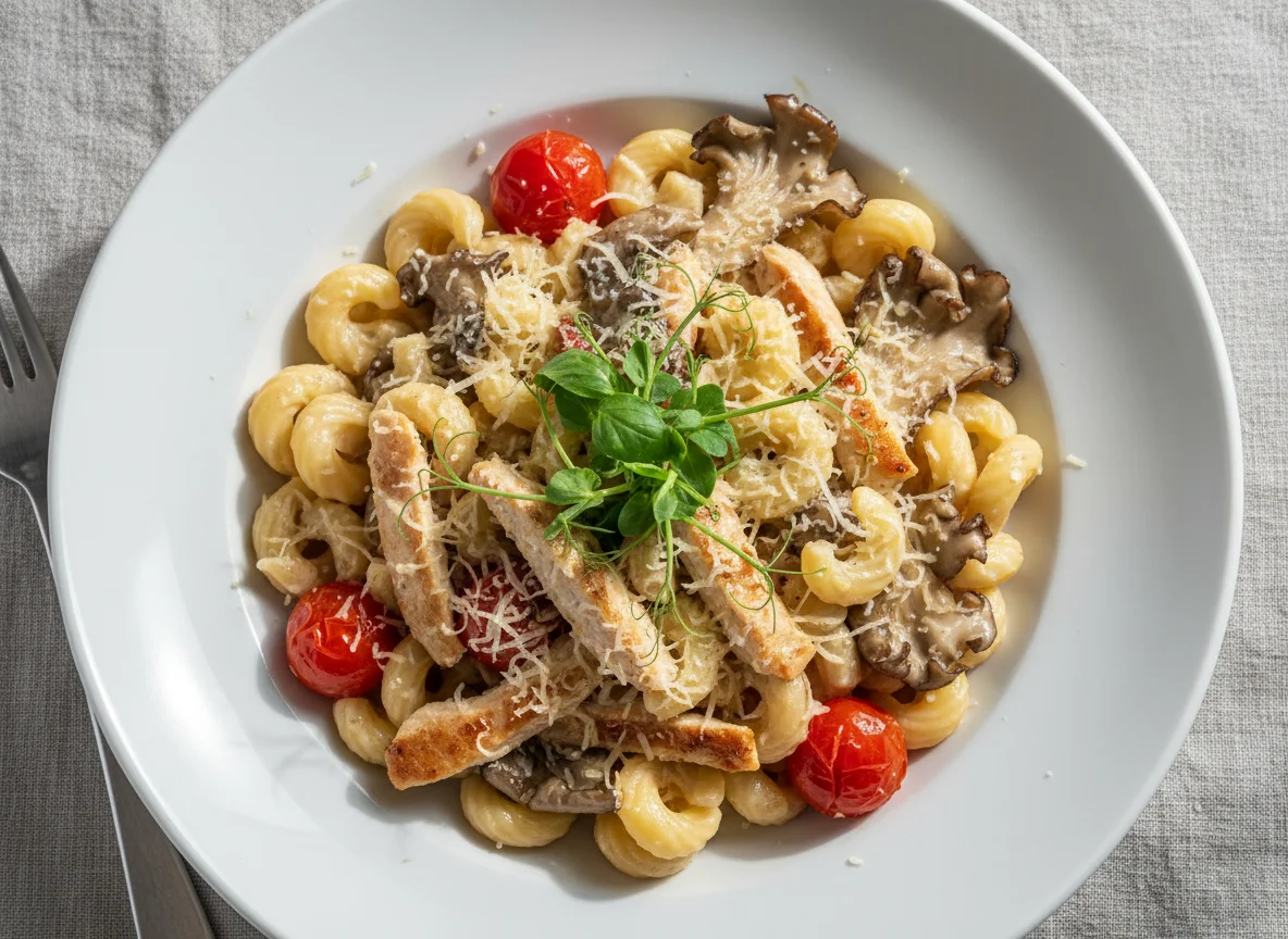 Паста с курицей и вешенками photo