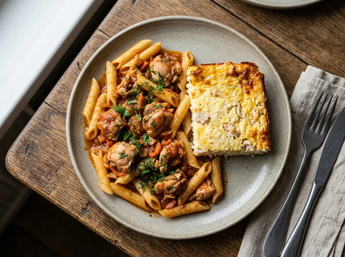 Паста с курицей и запеканкой photo