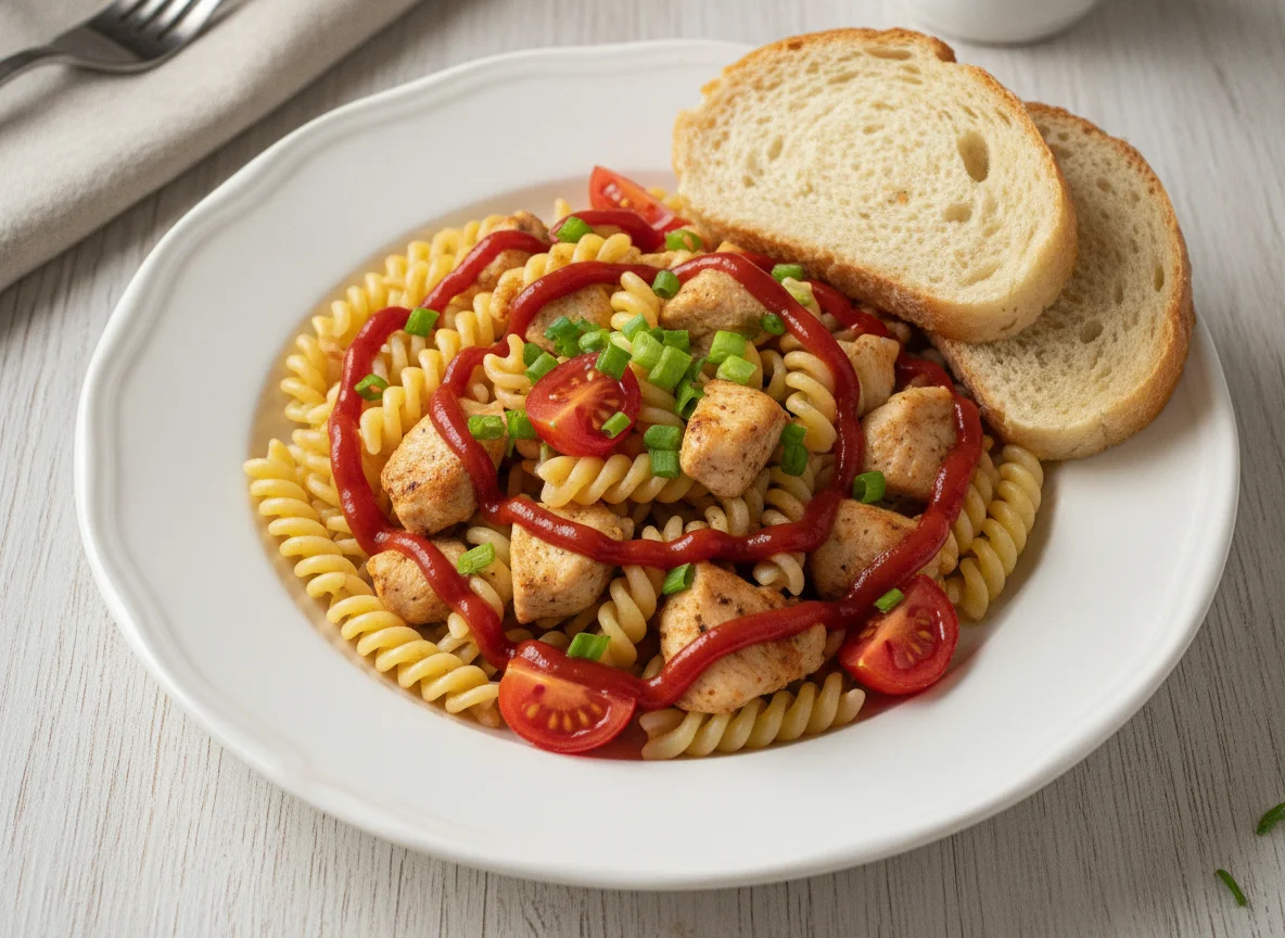 Паста с курицей, кетчупом и свежими овощами photo