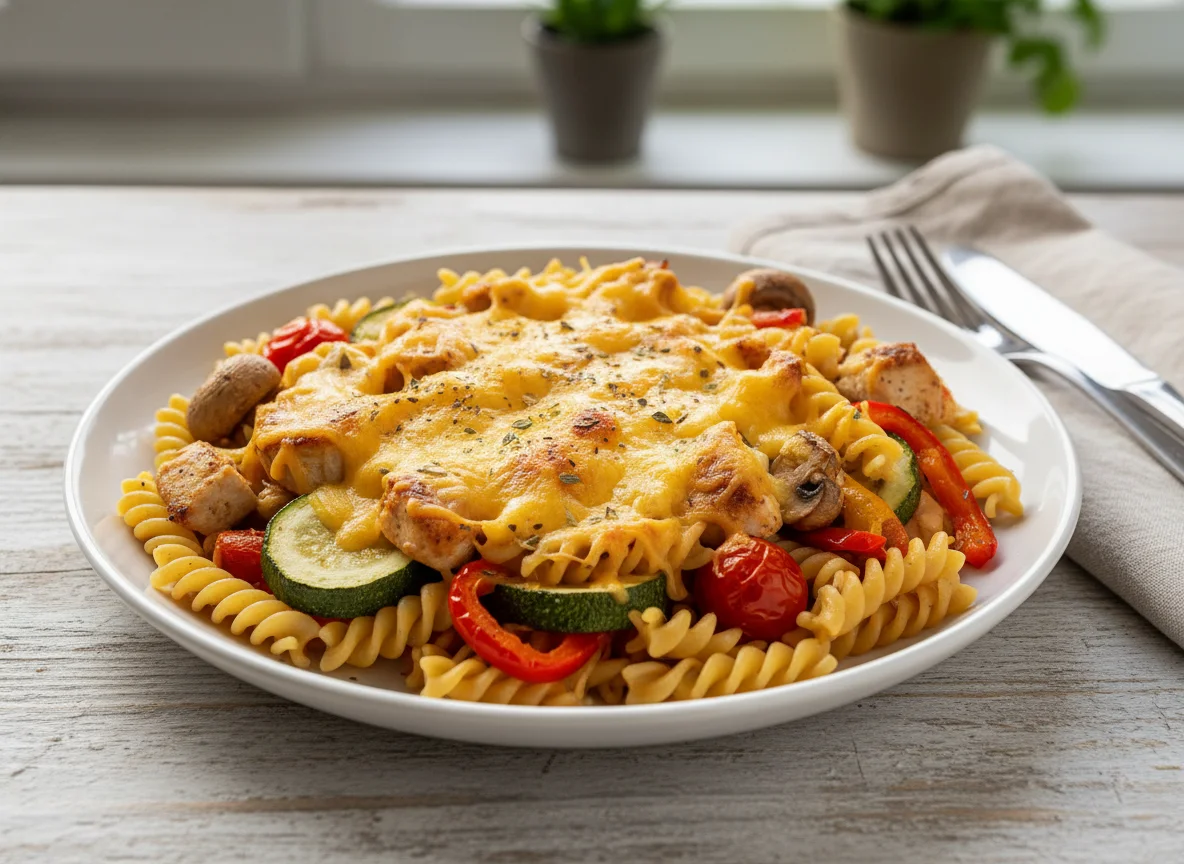 Паста с курицей под сыром и овощами photo