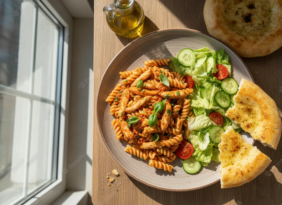 Паста с курицей, салат и лепешка photo