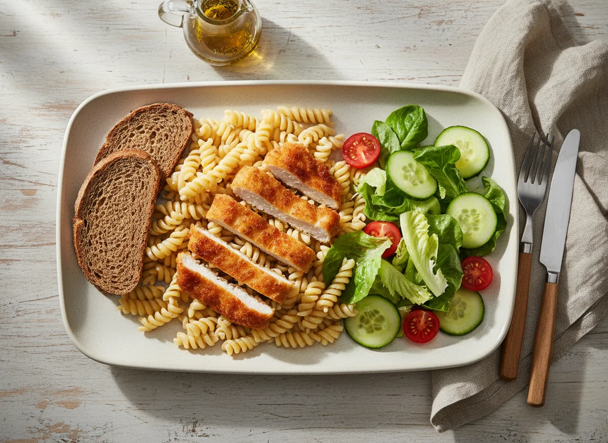 Паста с курицей, салатом и хлебом photo