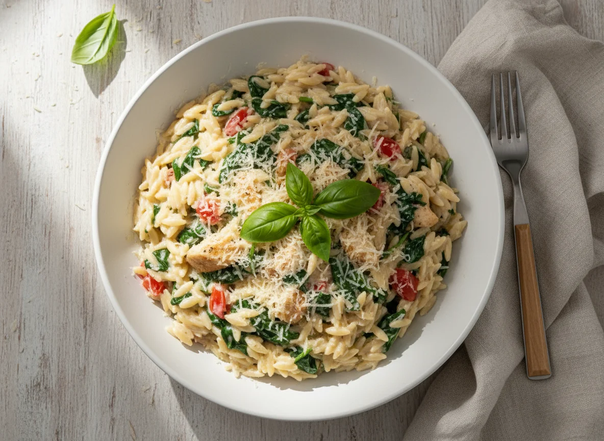 Паста с курицей, шпинатом и сыром photo