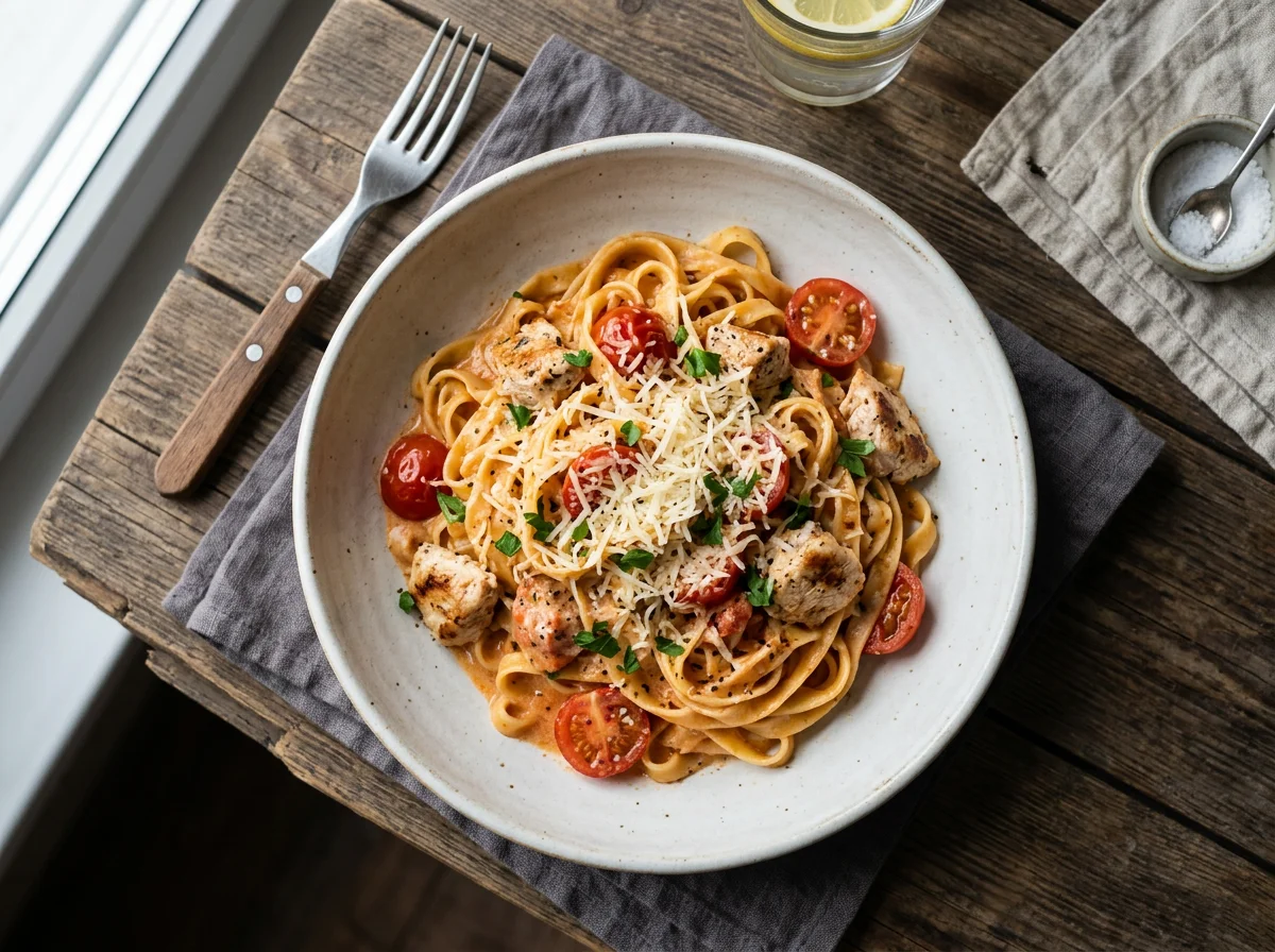 Паста с курицей, томатами и сливочным соусом photo