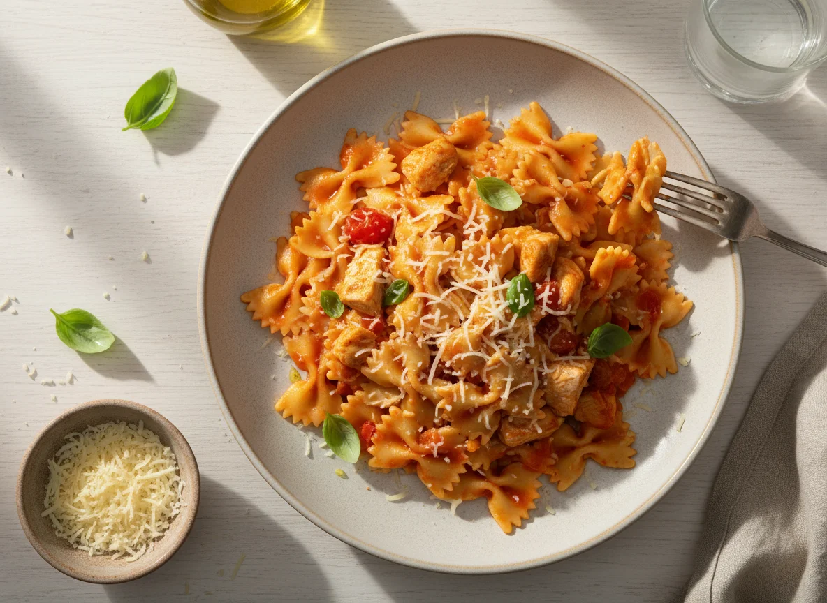 Паста с курицей, томатным соусом и сыром photo