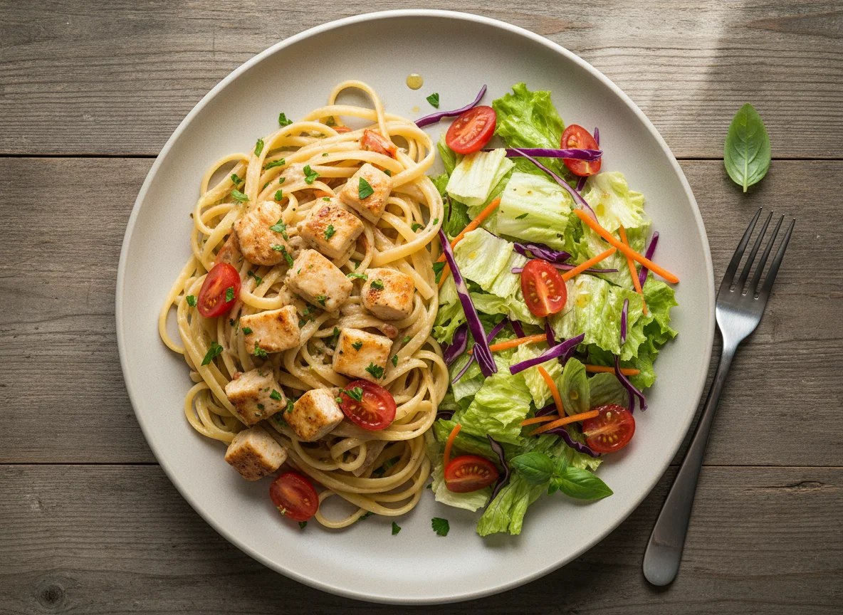 Паста с курицей в сливочном соусе и овощным салатом photo