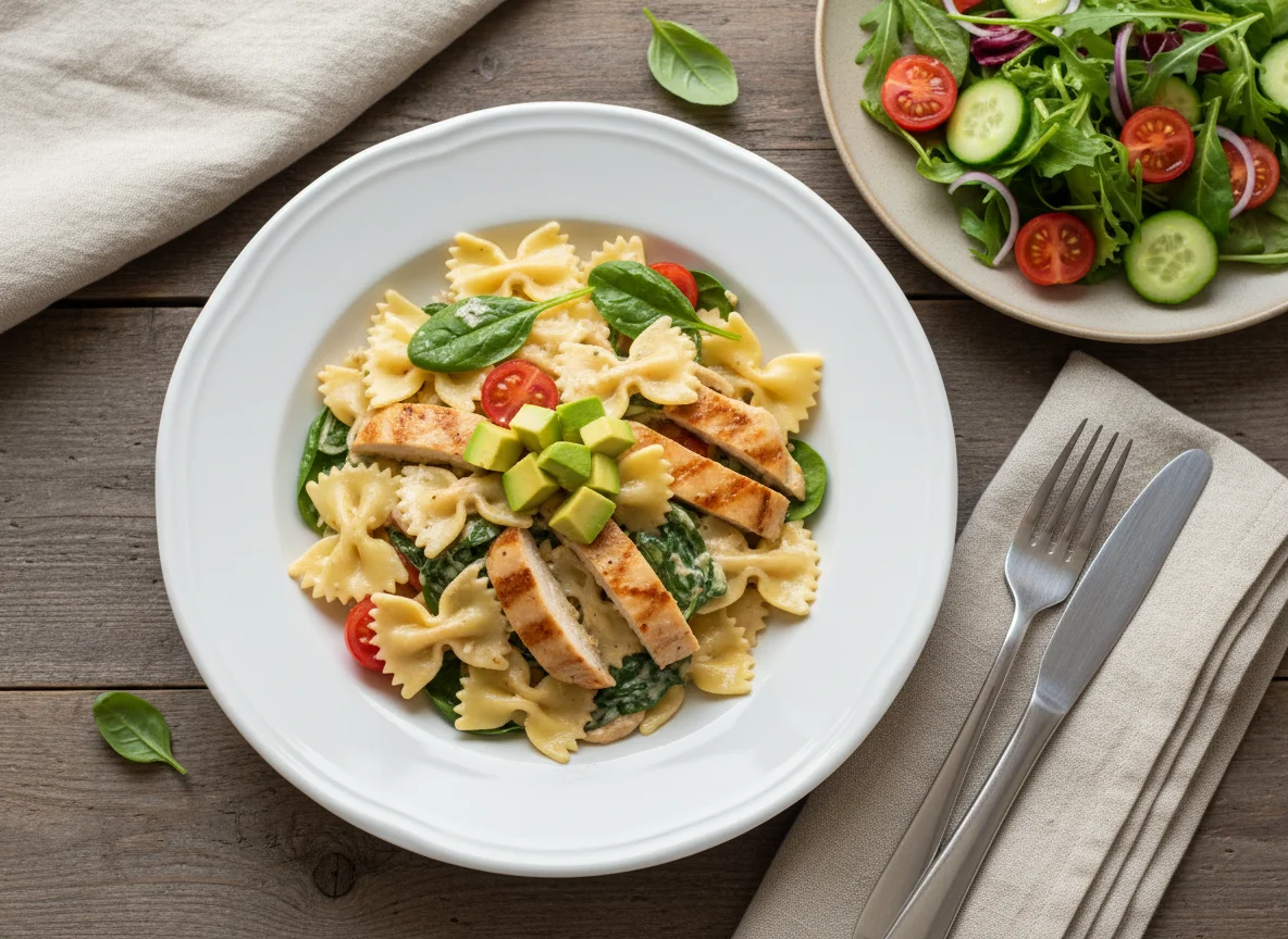 Паста с курицей в сливочном соусе и салат photo