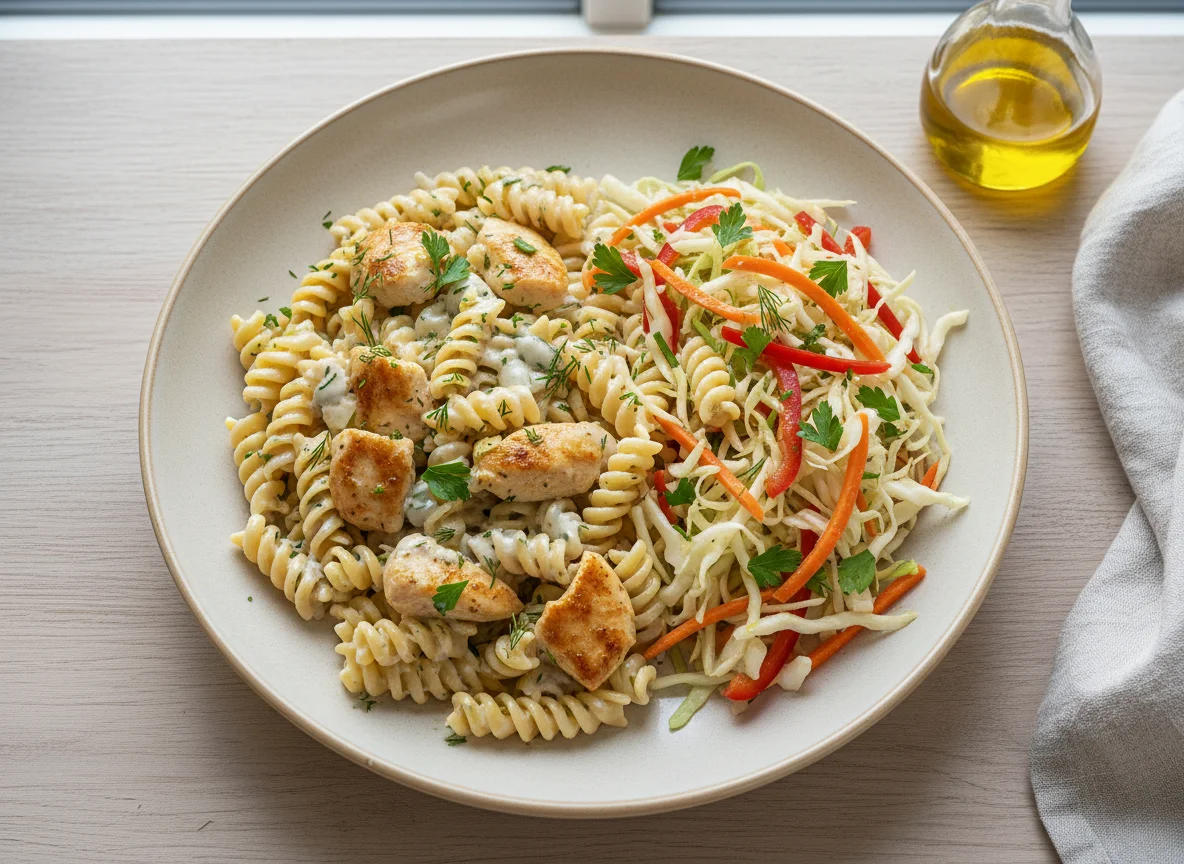 Паста с курицей в сливочном соусе и салат из капусты photo