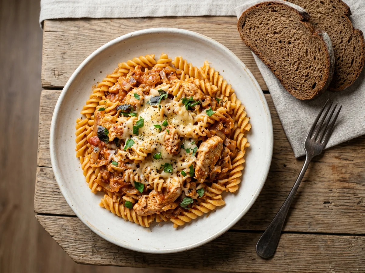 Паста с курицей в соусе, сыром и хлебом photo