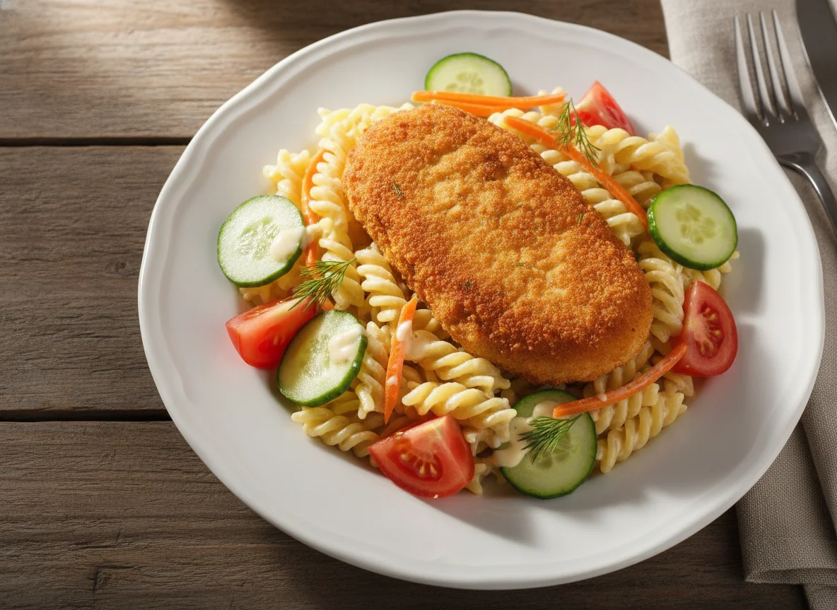 Паста с куриной котлетой и овощами photo