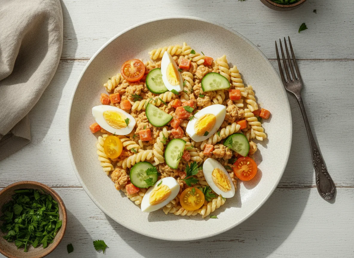 Паста с куриным фаршем, яйцами и овощами photo