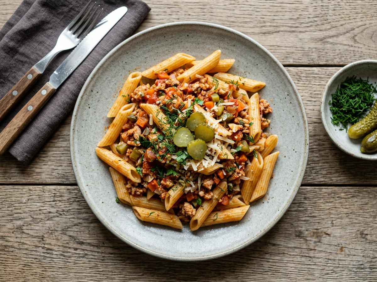 Паста с куриным фаршем и маринованными огурцами photo